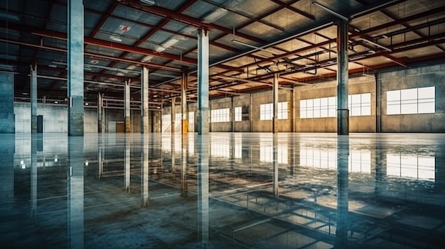 Industrial building or modern factory for manufacturing production plant or large warehouse Polished concrete floor clean condition and space for industry product Generative AI