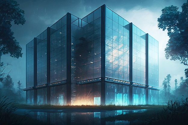 Industrial building with large glass windows indicating futuristic library data center generative ai