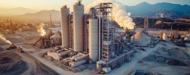 Photo industrial cement factory with silos machinery and smoke stacks