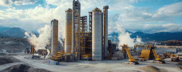 Photo industrial cement factory with tall silos and heavy machinery in motion