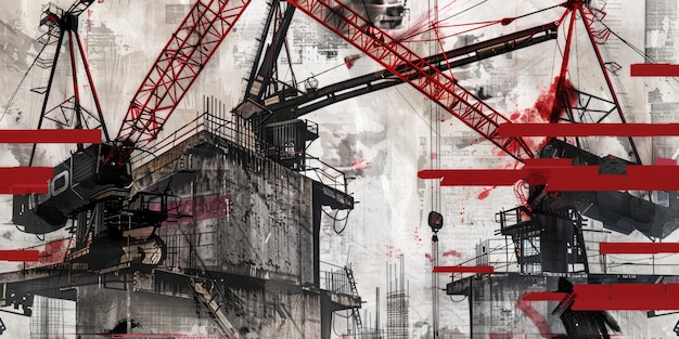 Photo industrial chaos abstract artwork of cranes and construction in red and black