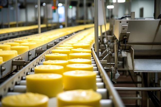 industrial cheese production Cheese on the conveyor in the industrial workshop at the dairy dairy industry