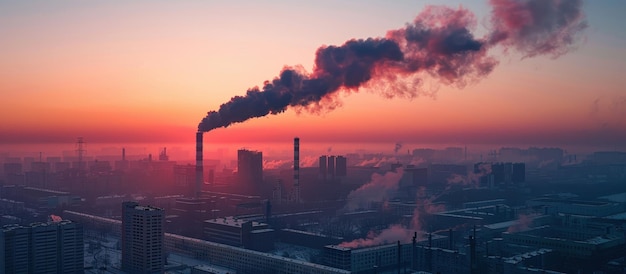 Industrial Cityscape at Sunset with Smoke Emissions from Factory Chimneys