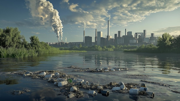 Photo industrial cityscape with factories and smoke stacks emitting pollution viewed from a polluted river