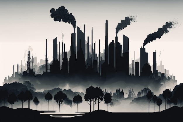 Industrial cityscape with multiple smokestacks heavy pollution in retrofuturism style