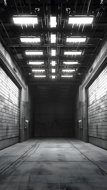 Photo industrial concrete building interior with fluorescent lights