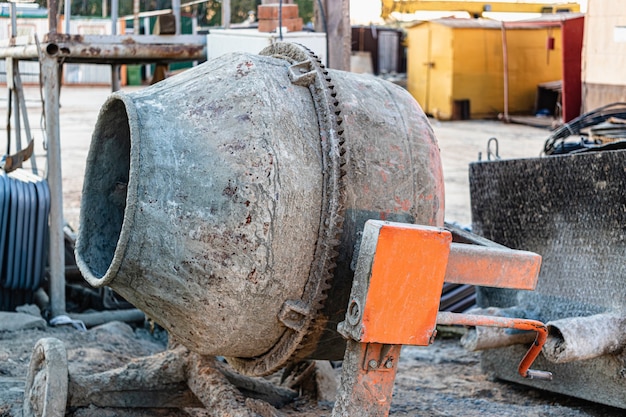 Industrial concrete mixer at a construction site. Preparation of concrete and mortar.