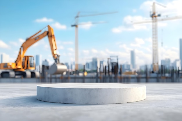 Industrial Concrete Podium for Heavy Duty Construction Equipment Showcase with Urban Skyline