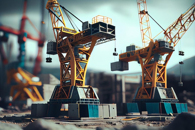 Industrial construction site with cranes and building materialsgenerative ai