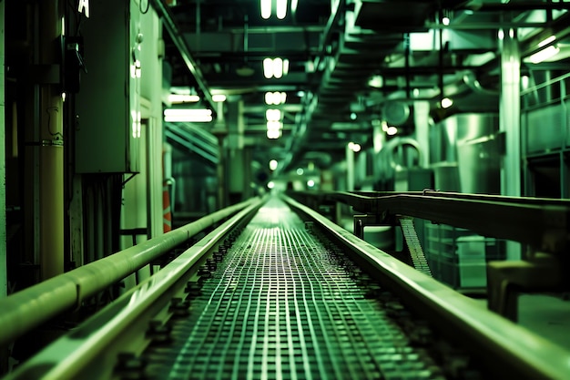 Industrial Conveyor Belt in a Dark and Green Factory