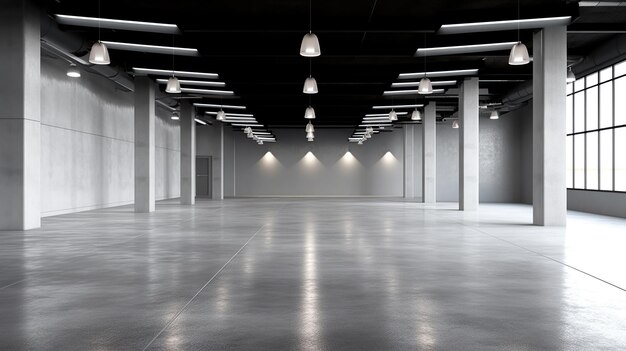 Industrial design project empty hall with led lights on top grey walls and glossy concrete floor