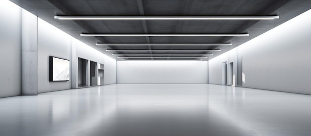 Industrial design project empty hall with led lights on top grey walls and glossy concrete floor