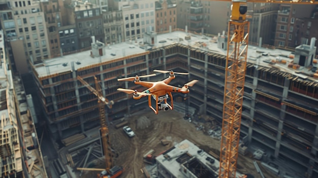 Photo industrial drone flight over construction site during sunset capturing aerial progress of urban