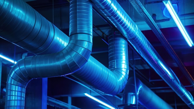 Industrial ductwork with metal pipes illuminated by blue lights in an HVAC system setting