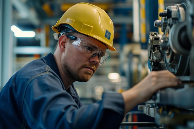 Photo industrial engineer in blue uniform and yellow helmet works with machine at factory profile view