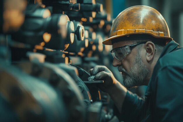 Industrial engineer in blue uniform and yellow helmet works with machine at factory profile view