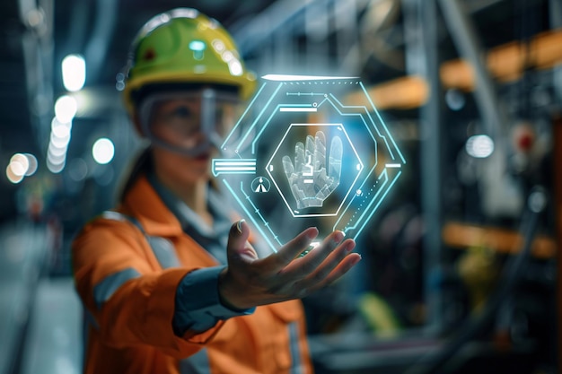 Photo industrial engineer in a hardhat is holding an augmented reality touch screen