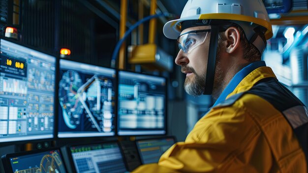 Photo industrial engineer overseeing oil gas plant operations in control room