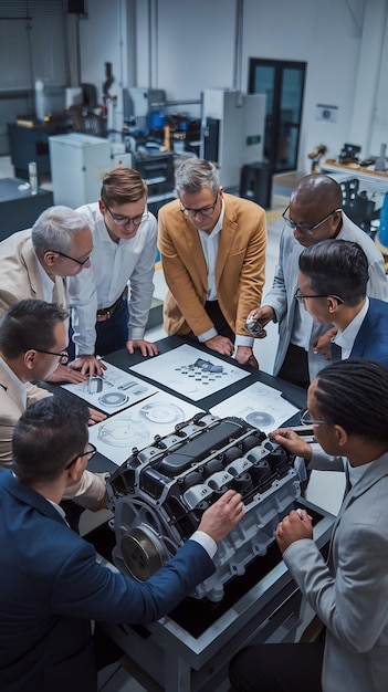 Photo in the industrial engineering facility diverse group of engineers and technicians on a meeting gat