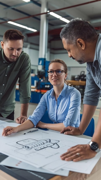 Photo in the industrial engineering facility female designer works with industrial engineer and master t