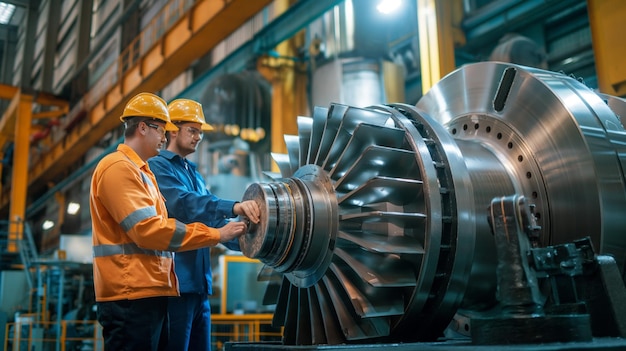 Industrial engineers inspecting a large machinery unit in a manufacturing facility