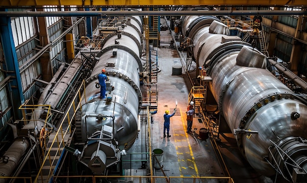 industrial engineers working on a large industrial machine with workers