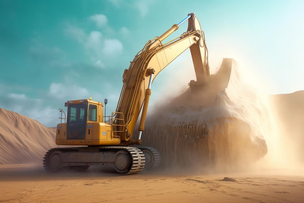 Industrial excavator loading sand into a truck