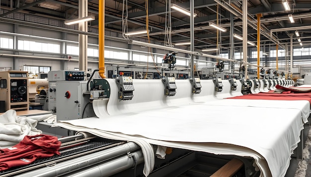 An industrial fabric cutting machine is being used at a textile factory for manufacturing processes