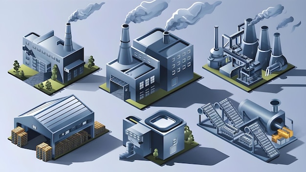 Photo industrial facilities icon set in vector isometric style