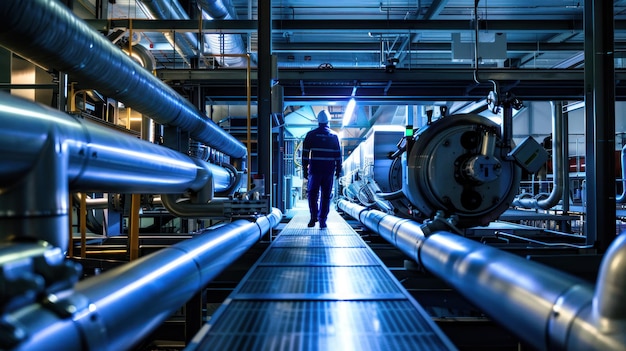 Industrial Facility Worker Walking on Catwalk Among Pipes