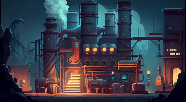 Industrial factory 2D background environment for a mobile game A high quality horizontal background landscape Gaming template design location Generative ai