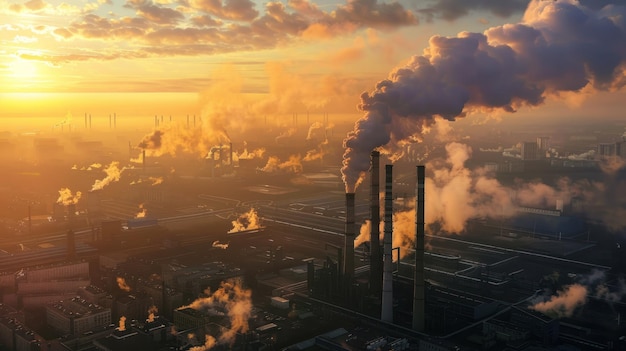 Photo industrial factory chimneys spewing smoke and pollution into the sunset sky concept of air pollution environmental damage and climate change