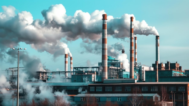 Industrial factory complex with multiple smoke stacks releasing heavy smoke into the sky indicating