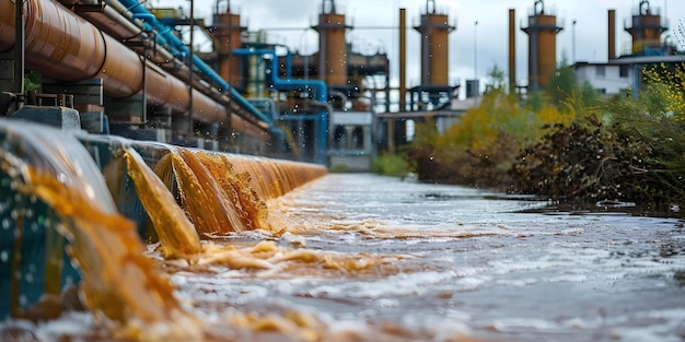 Industrial factory discharging brown wastewater into a wild river causing environmental damage and water pollution Concept Water Pollution Industrial Waste Environmental Damage