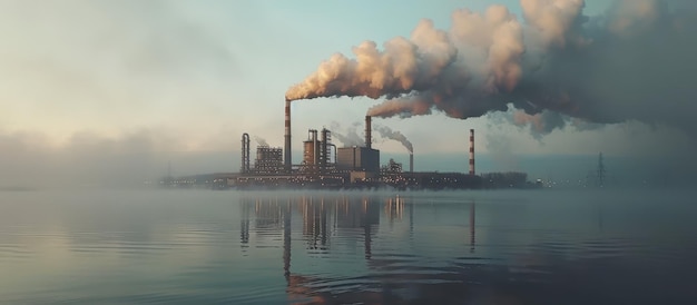 Industrial Factory Emitting Smoke Over Calm Water at Dawn with Misty Atmosphere