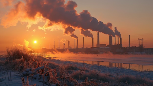 Industrial factory emitting smoke at sunset illustrating pollution and environmental impact against a striking orange sky