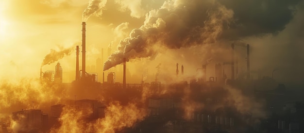 Industrial Factory Emitting Smoke at Sunset with Dense Pollution and Dramatic Sky