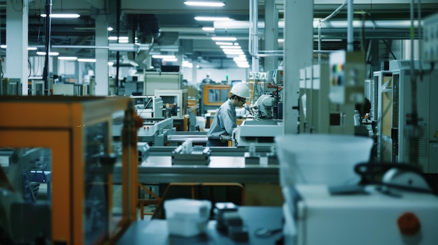 An industrial factory floor bustling with activity showcasing machinery workers in helmets and a highly organized production setting