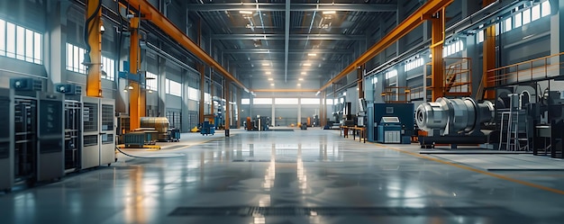 Industrial Factory Interior 3D Render Large Modern Workshop with Overhead Cranes Machinery and Reflective Floor