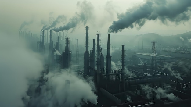 Industrial Factory with Heavy Smoke Emissions and Pollution in a Foggy Atmosphere