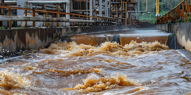 Industrial factory39s discharge of brown wastewater into a wild river Environmental damage and water pollution Concept Industrial Pollution Water Contamination Environmental Damage