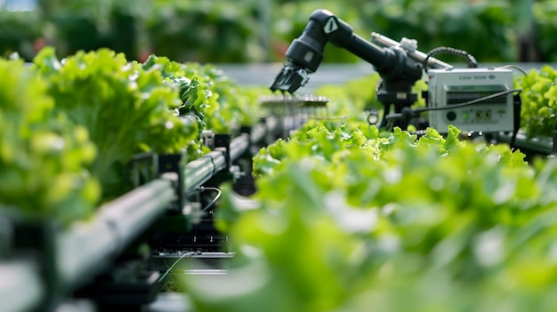 Industrial Farming Robot Washing Lettuce in a Greenhouse