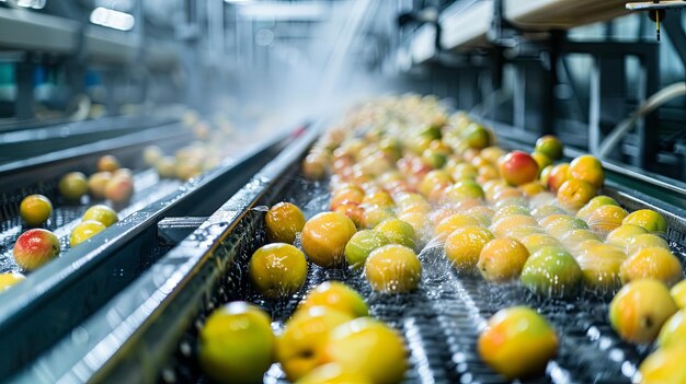 Photo industrial fruit washing process on conveyor belt