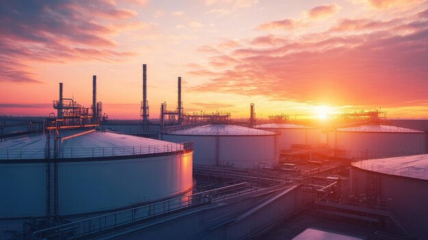 Industrial gas storage facility at sunrise with plenty of copy space in the clear sky