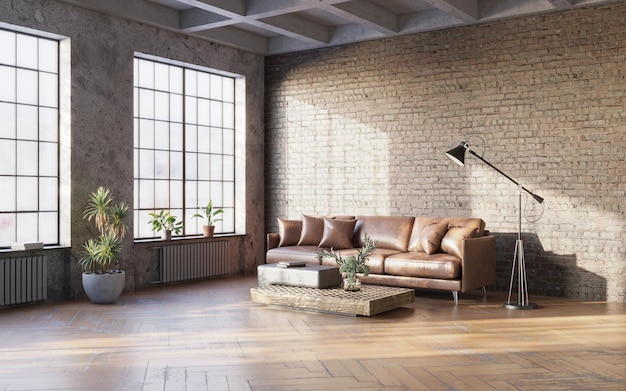 Industrial grunge interior with old brick walls Loft style interior mockup 3d render