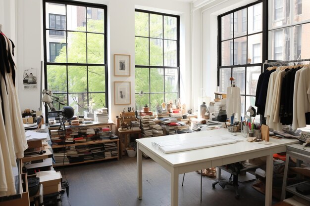 Industrial home office interior design with white frame hanging on a wall