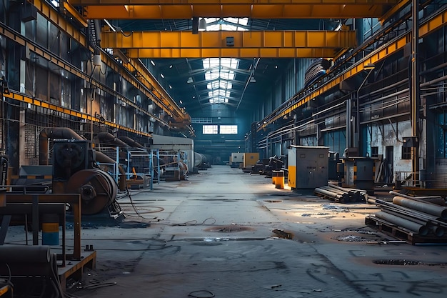 Industrial Interior with Yellow Crane and Metal Pipes Photo