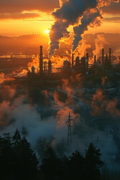 Industrial Landscape at Sunset with Smokestacks and Pollution in the Air