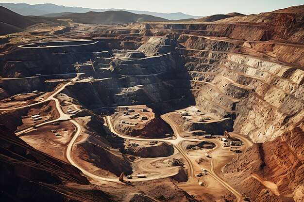 Industrial landscape with open pit mining of iron ore and blue sky