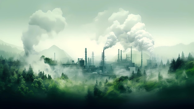 Industrial landscape with smoke and fog Generative AI illustrations